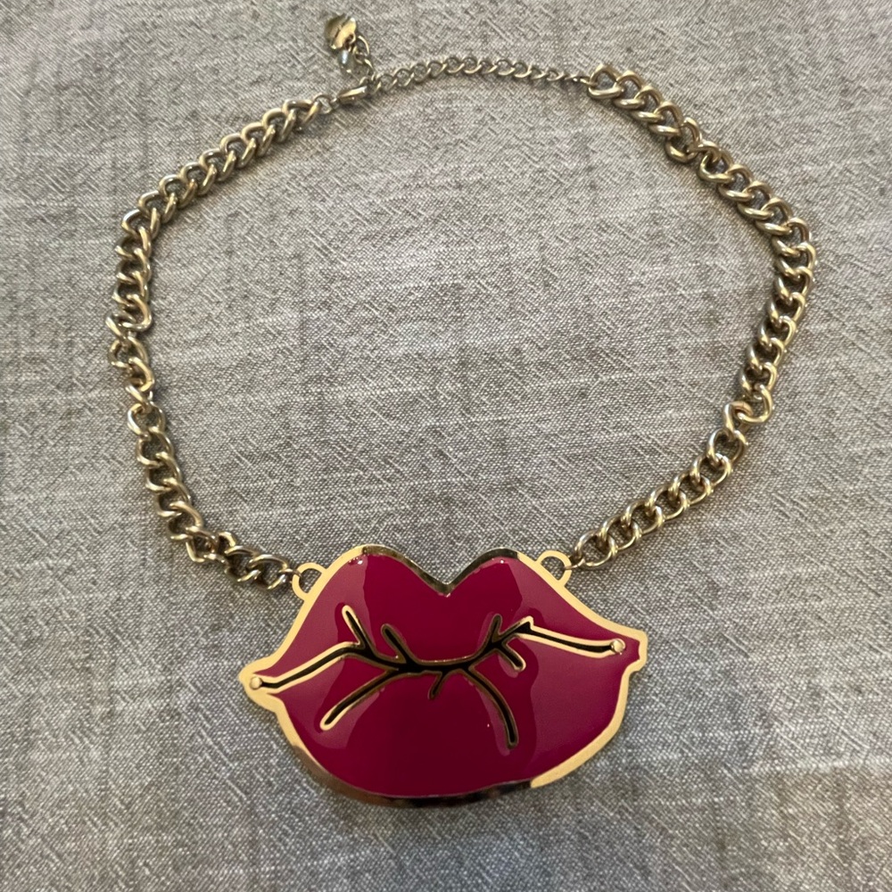 Betsey Johnson Gold and Pink Lip Necklace